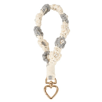 Cotton Braided Flower Pendant Decorations, with Alloy Heart Clasps and Plastic Beads, Gainsboro, 200mm