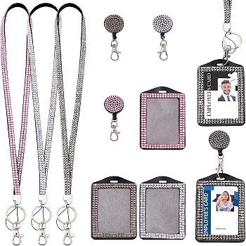 CHGCRAFT 3Pcs 3 Colors Rectangle PU Leather ID Card Badge Holder, with Rhinestone, Lanyard & Clip, Mixed Color, 590mm, 1pc/color