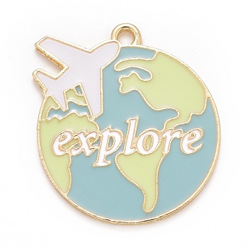 Alloy Enamel Pendants, Plane with Earth & Word Explore, Light Gold, White, 29x26x1.5mm, Hole: 2mm