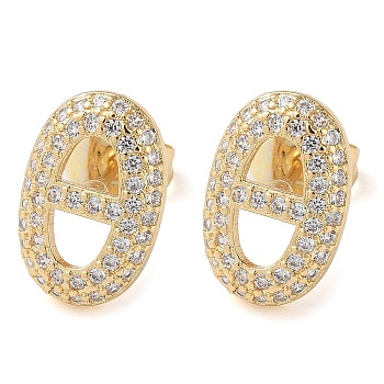 Rack Plating Brass Micro Pave Cubic Zirconia Stud Earrings, Hollow Oval, Real 16K Gold Plated, 13x8.5mm