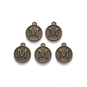 Alloy Pendant Cabochon Settings, For Enamel, Cadmium Free & Lead Free, Flat Round with Letter, Antique Bronze, Letter.M, 14x12x2mm, Hole: 1.5mm