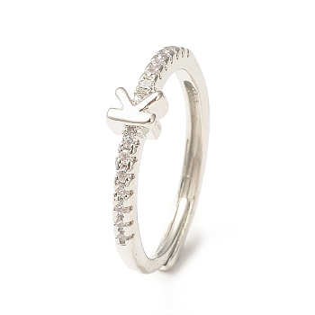 Clear Cubic Zirconia Initial Letter Adjustable Ring, Platinum Brass Jewelry for Women, Letter.K, Inner Diameter: 18mm