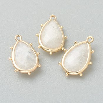 Natural White Moonstone Pendants, with Golden Brass Edge, Faceted, Teardrop, 22.5x14x5.5mm, Hole: 1.6mm