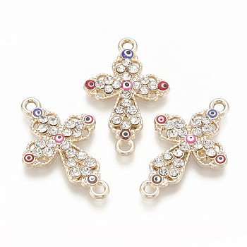 Alloy Rhinestone Links connectors, with Enamel, Cross with Evil Eye, Light Gold, 26.5x17x2.5mm, Hole: 1.6mm