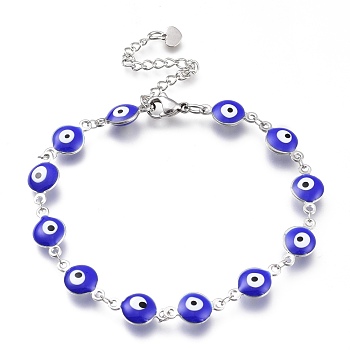 304 Stainless Steel Link Bracelets, with Enamel and Lobster Claw Clasps, Evil Eye, Stainless Steel Color, Blue, 8-1/8 inch(20.5cm), Eye: 14x8x3mm