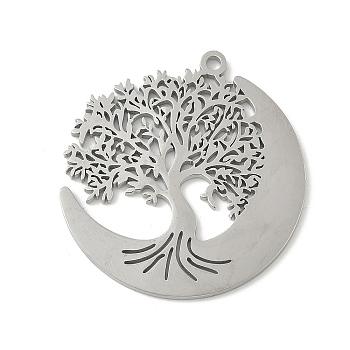 304 Stainless Steel Pendants, Moon with Tree of Life Charm, Laser Cut, Anti-Tarnish, Stainless Steel Color, 33.5x31x1.5mm, Hole: 1.8mm