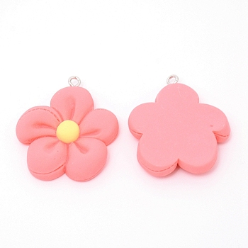 Resin Pendants, with Platinum Iron Finding, Flower, Salmon, 35x30x6mm, Hole: 2mm