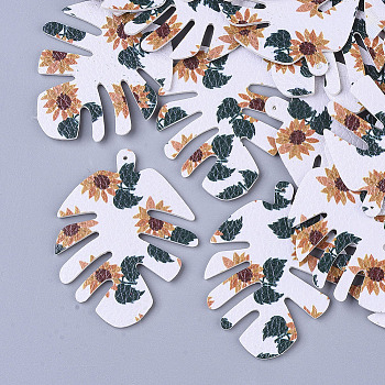 PU Leather Big Pendants, Double-Sided Printing, Flower Pattern, Leaf, White, 55x43x2mm, Hole: 1mm