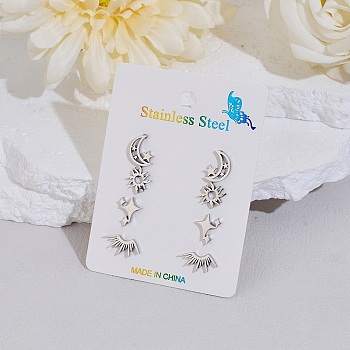 304 Stainless Steel Earring Sets, Sun & Star & Moon, Stainless Steel Color, 6.5~11x7.5~14mm