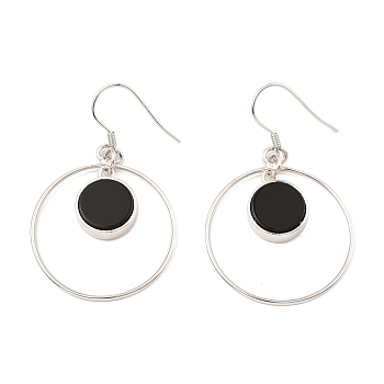 Natural Obsidian Flat Round Dangle Earrings, Real Platinum Plated Rhodium Plated 925 Sterling Silver Earrings, 46x27.5mm