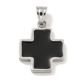 304 Stainless Steel Pendants, with Enamel, Cross Charm, Stainless Steel Color, Black, 22x18x3mm, Hole: 6x4.5mm