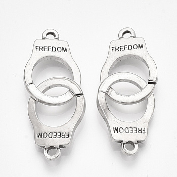 304 Stainless Steel Interlocking Clasps, Handcuffs Shape with Word Freedom, Antique Silver, 40x15x2mm, Hole: 2mm