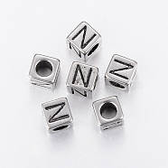 304 Stainless Steel Large Hole Letter European Beads, Cube with Letter.N, Antique Silver, 8x8x8mm, Hole: 5mm(X-STAS-H428-01AS-N)