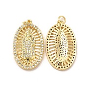 Brass Micro Pave Cubic Zirconia Pendants, with Jump Ring, Oval with Religion Virgin Mary Charm, Golden, 31.5x18x2.5mm, Hole: 3.3mm(KK-E068-VB095)