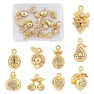 18Pcs 9 Style Fruit Style Rack Plating Alloy Charms, with Crystal Rhinestone, Cadmium Free & Nickel Free & Lead Free, Pineapple & Pomegranate & Strawberry, Light Gold, 11~17x7.5~11.5x5.5~8mm, Hole: 1.2~1.4mm, 2pcs/style(FIND-SZ0002-95)