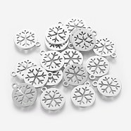 304 Stainless Steel Charms, Flat Round with Snowflake, Stainless Steel Color, 14x12x1mm, Hole: 1.5mm(STAS-Q201-T063)