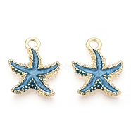 Alloy Enamel Pendants, Starfish/Sea Stars, Light Gold, Sky Blue, 17.5x14.5x2.5mm, Hole: 2mm(PALLOY-T056-08A)