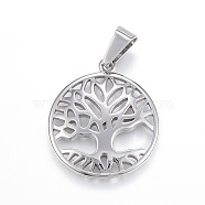 304 Stainless Steel Pendants, Flat Round and Tree of Life, Stainless Steel Color, 29x26x3mm, Hole: 5x9mm(X-STAS-G126-16P)