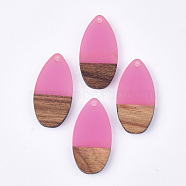 Resin & Walnut Wood Pendants, teardrop, Hot Pink, 31x16x3.5~4mm, Hole: 1.5mm(RESI-S358-16L)