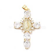 Rack Plating Brass Micro Pave Cubic Zirconia Pendants, Cadmium Free & Lead Free, Real 18K Gold Plated, Cross with Saint, Clear, 45.5x29x6mm, Hole: 4x6mm(ZIRC-I059-15G-06)