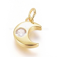 Brass Micro Pave Cubic Zirconia Pendants, with Jump Ring, Long-Lasting Plated, Moon, Clear, Real 18K Gold Plated, 9.5x7x2mm, Hole: 2.5mm(ZIRC-G166-11G)