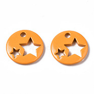 Spray Painted Brass Charms, Flat Round with Star, Dark Orange, 14.5x14.5x2.5mm, Hole: 2mm(KK-Q252-003G)