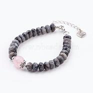 Faceted Natural Labradorite Bracelets, with Natural Rose Quartz Beads and Alloy & Brass Findings, 7-1/2 inch(190mm)(BJEW-JB03303)