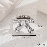 Elegant Brass Clear Cubic Zirconia Bowknot Ring, with Plastic Imitation Pearls for Women, Platinum, US Size 8(18.1mm)(LY5283-6)