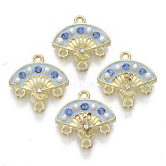 Alloy Enamel Chandelier Component Links, with Rhinestone and Plastic Imitation Pearl, Fan, Light Gold, Sky Blue, 17x16x3mm, Hole: 1.2mm(X-PALLOY-S177-80B)