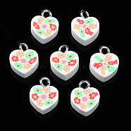 Handmade Polymer Clay Charms, with Platinum Plated Iron Loop, Heart with Flower, White, 11~12.5x9.5~10x4~5mm, Hole: 1.8mm(CLAY-N006-46D)