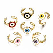 Brass Enamel Cuff Rings, Open Rings, Nickel Free, Curb Chain, Evil Eye, Real 16K Gold Plated, Mixed Color, US Size 7 3/4(17.9mm)(RJEW-N035-011-NF)