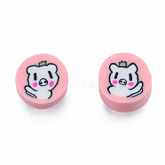 Handmade Polymer Clay Beads, Flat Round with Pig, Pink, 9~9.5x4~5.5mm, Hole: 1.6mm(CLAY-N011-72)