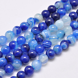 Natural Striped Agate/Banded Agate Bead Strands, Dyed & Heated, Round, Grade A, Blue, 8mm, Hole: 1mm, about 48pcs/strand, 15.1 inch(385mm)(G-G962-8mm-03)