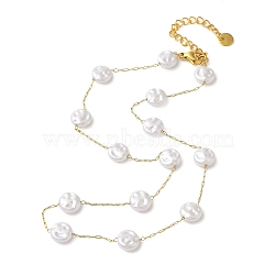 304 Stainless Steel & Plastic Pearl Link Chain Necklaces for Women, Real 18K Gold Plated, Flat Round, 13.98 inch(35.5cm)(NJEW-K383-04A-G)