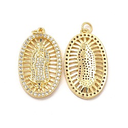 Brass Micro Pave Cubic Zirconia Pendants, with Jump Ring, Oval with Religion Virgin Mary Charm, Golden, 31.5x18x2.5mm, Hole: 3.3mm(KK-E068-VB095)