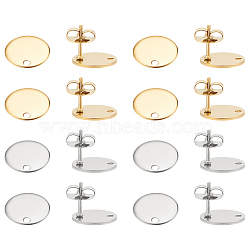 16cs 2 Colors Ion Plating(IP) 304 Stainless Steel Stud Earring Findings, with Loop and Flat Plate, Ear Nuts/Earring Backs, Flat Round, Golden & Stainless Steel Color, 10x1mm, Hole: 1.2mm, Pin: 0.8mm, 8pcs/color(STAS-LP0001-85)