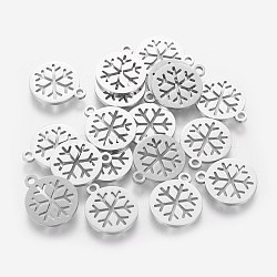 Non-Tarnish 304 Stainless Steel Charms, Flat Round with Snowflake, Stainless Steel Color, 14x12x1mm, Hole: 1.5mm(STAS-Q201-T063)