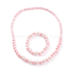 Acrylic Beaded Bracelet & Necklace Set for Kids, with Transparent Bead In Bead & AB Color Plated & Opaque Acrylic Beads, Round, Pink, Inner Diameter: 4-1/8 inch(10.4cm), Inner Diameter: 1.85 inch(47mm)(SJEW-JS01207-05)