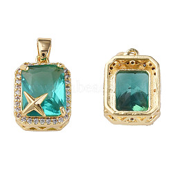 Brass Inlaid Cubic Zirconia Charms, with Brass Snap on Bails, Real 18K Gold Plated, Nickel Free, Rectangle with Star, Light Sea Green, 15x10.5x8mm, Hole: 2.5x4mm(KK-N233-248C)