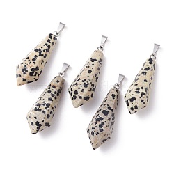 Natural Dalmatian Jasper Pointed Pendants, with Platinum Plated Brass Loops, Bullet, 35.3~38x13~14mm, Hole: 6.5x2.8mm(G-I314-02P-15)