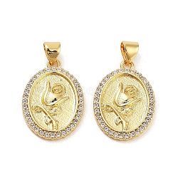 Rack Plating Brass Micro Pave Clear Cubic Zirconia Pendants, Long-Lasting Plated, Lead Free & Cadmium Free, Oval with Flower, Real 18K Gold Plated, 22x15.5x2.5mm, Hole: 5x3.5mm(KK-Z064-15G)