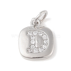 Rack Plating Brass Micro Pave CLear Cubic Zirconia Charms, with Jump Rings, Cadmium Free & Lead Free, Long-Lasting Plated, Platinum, Letter D, 11.5x9x1.5mm, Hole: 2.8mm(KK-E110-14P-D)