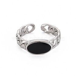 Enamel Oval Open Cuff Ring, Tibetan Style Alloy Jewelry for Men Women, Cadmium Free & Lead Free, Platinum, Black, US Size 9 1/4(19.1mm)(RJEW-S038-216)