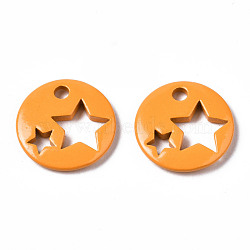 Spray Painted Brass Charms, Flat Round with Star, Dark Orange, 14.5x14.5x2.5mm, Hole: 2mm(KK-Q252-003G)