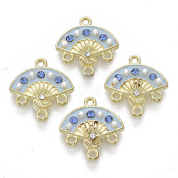 Alloy Enamel Chandelier Component Links, with Rhinestone and Plastic Imitation Pearl, Fan, Light Gold, Sky Blue, 17x16x3mm, Hole: 1.2mm(X-PALLOY-S177-80B)