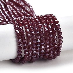 Electroplate Opaque Glass Beads Strands, Faceted(32 Facets), Pearl Luster Plated, Round, Dark Red, 3mm, Hole: 0.8mm, about 164~166pcs/strand, 19.69~19.88 inch(50~50.5cm)(EGLA-A035-P3mm-A02)