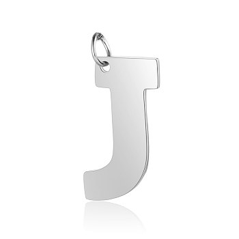 201 Stainless Steel Pendants, Letter, Stainless Steel Color, Letter.J, 29.5x18x1.5mm, Hole: 4.5mm
