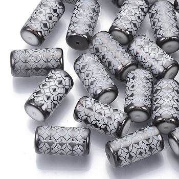 Electroplate Glass Beads, Column with Flower Pattern, Gray, 20x10mm, Hole: 1.2mm, about 50pcs/bag