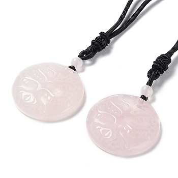 Natural Rose Quartz Tree of Life Pendant Necklace with Nylon Rope, 34.80~35.43 inch(88.4~90cm)
