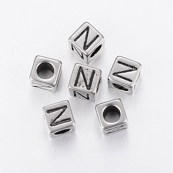 304 Stainless Steel Large Hole Letter European Beads, Cube with Letter.N, Antique Silver, 8x8x8mm, Hole: 5mm